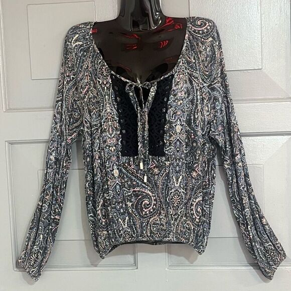 Lovestitch Ling Sleeve Rayon Boho Peasant Toe front Print Top Sz S Deadstock NWT - Picture 1 of 7